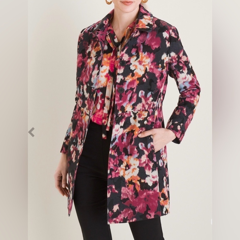 Chico’s Floral Topper Womens Blazer Coat Pockets Jacquard fabric Size 0 (4/6)NWT